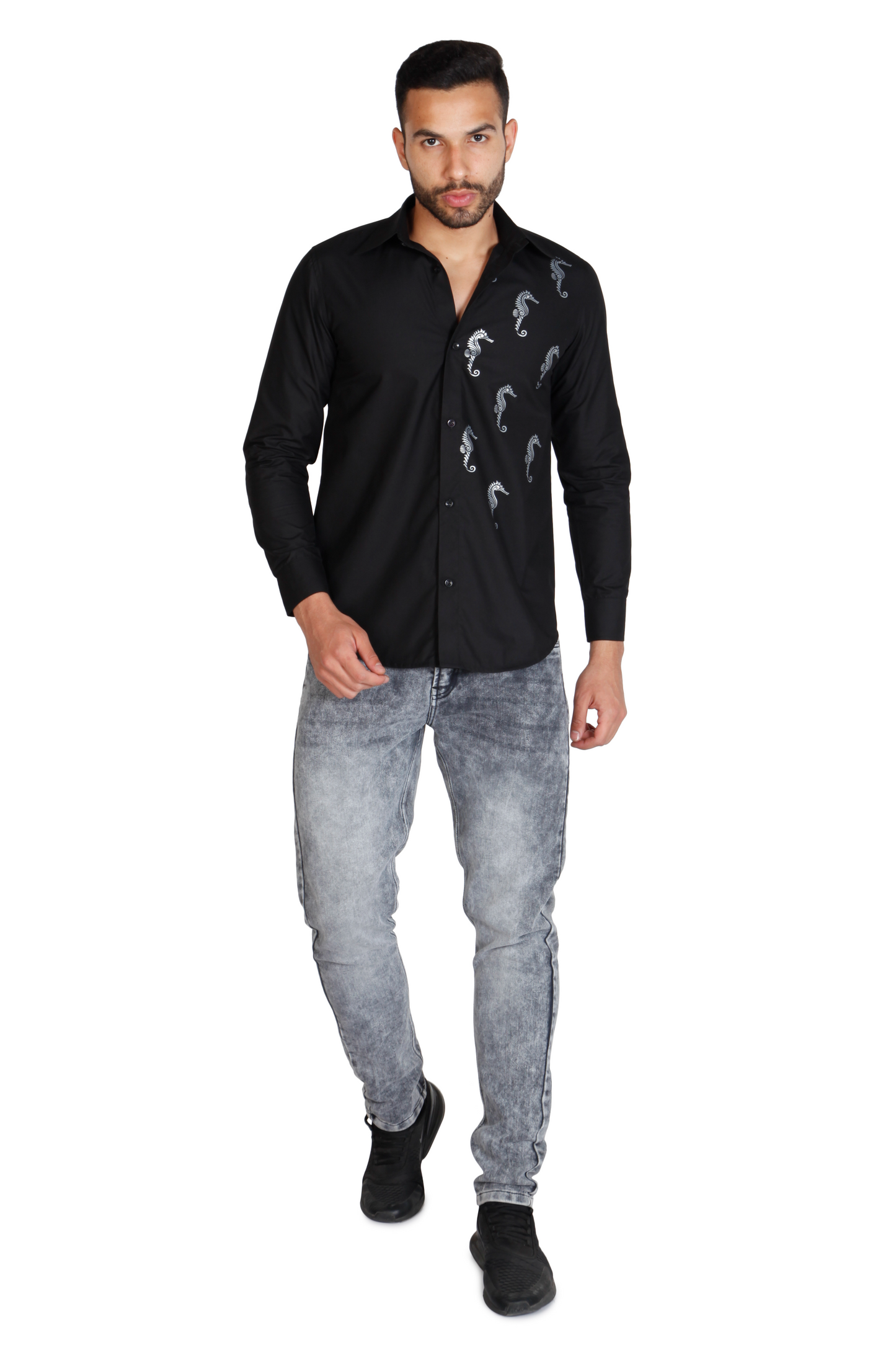 Black pure cotton printed designer men's shirt by JUST BILLI