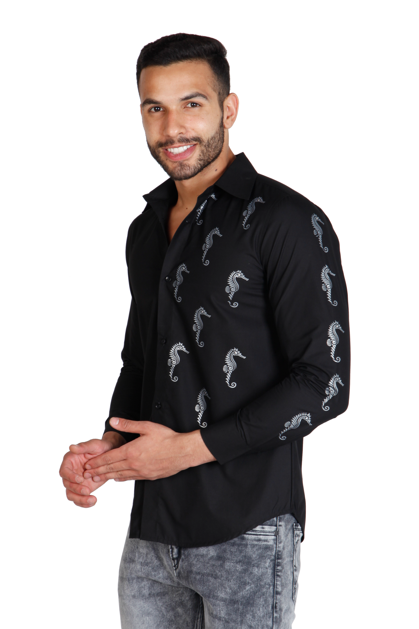 Black pure cotton printed designer men's shirt by JUST BILLI