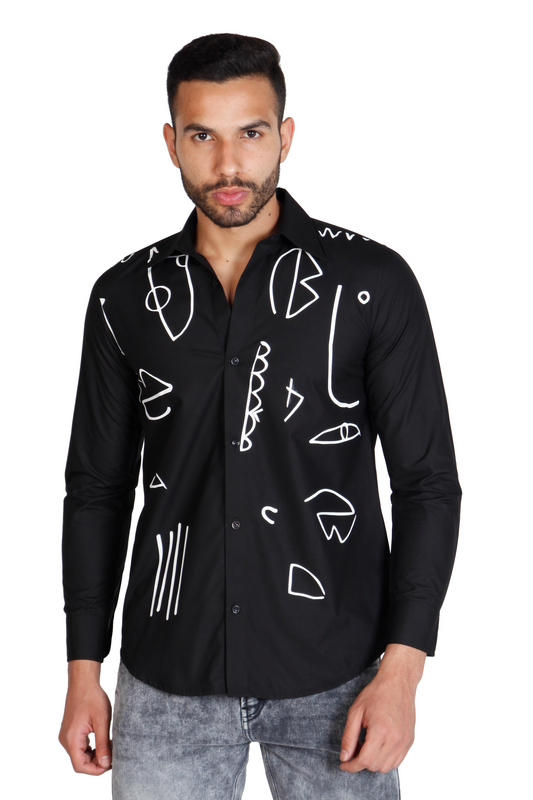 Black pure cotton men's printed shirt, evening wear for men by Just Billi
