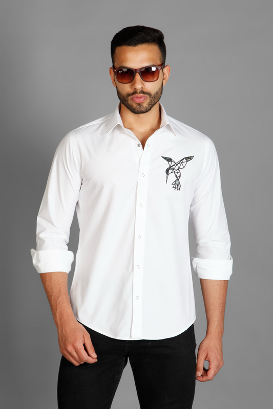 Bird Motiff white pure cotton printed men's shirt by Just Billi, Billiman