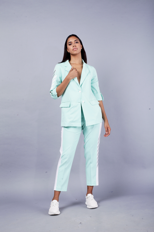 Ice blue designer women's wear pant suit by Just Billi