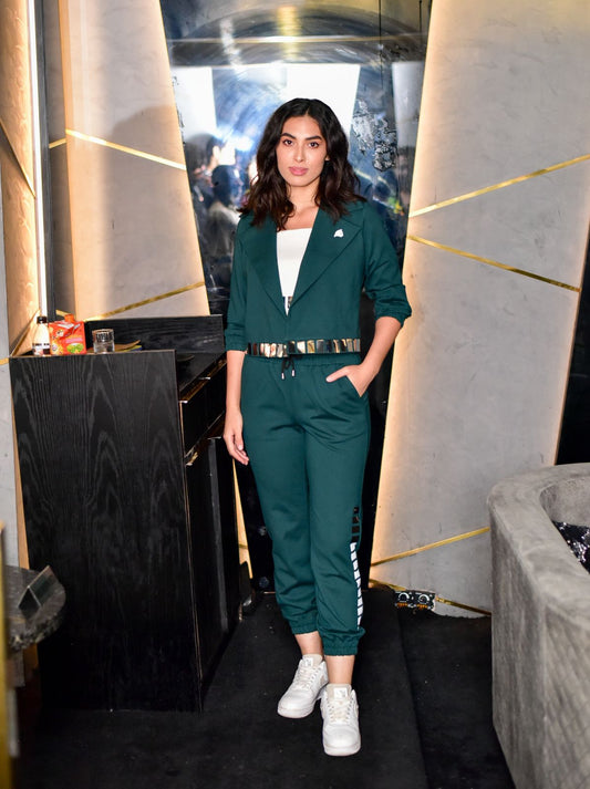 Luxury athleisure wear, green coord set perfect airport look by Just Billi