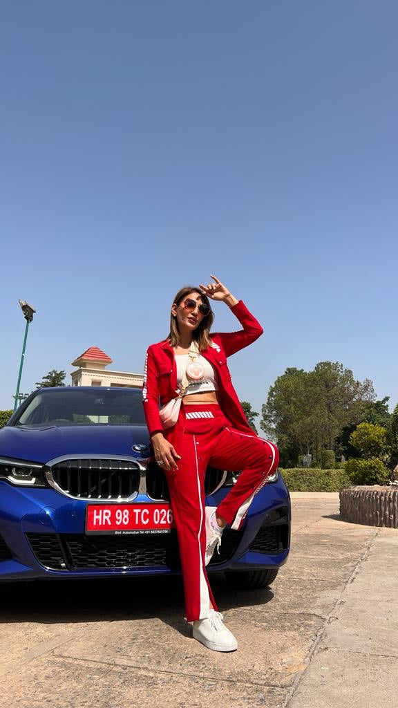 Red pant suit for sporty chic wear by Just Billi, statement athleisure wear by Just Billi