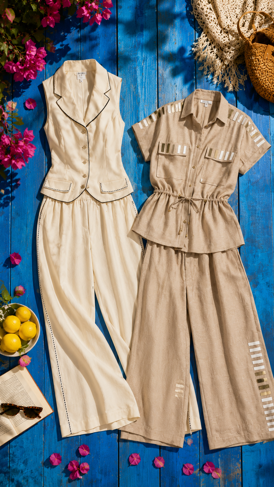 Two clothing sets on a blue wooden surface with flowers and a bowl of lemons.