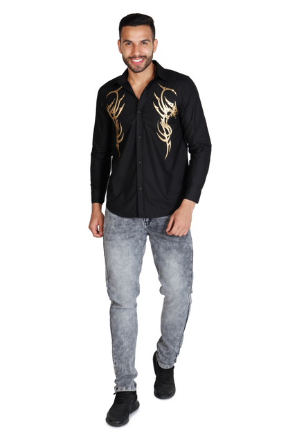 Men's printed cotton shirt by Just Billi, Black and gold cotton men's evening wear shirt