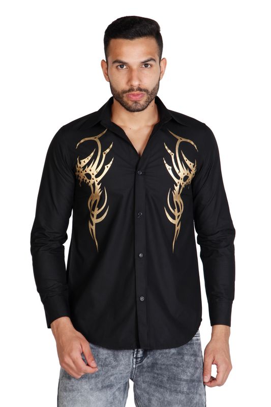 Men's printed cotton shirt by Just Billi, Black and gold cotton men's evening wear shirt