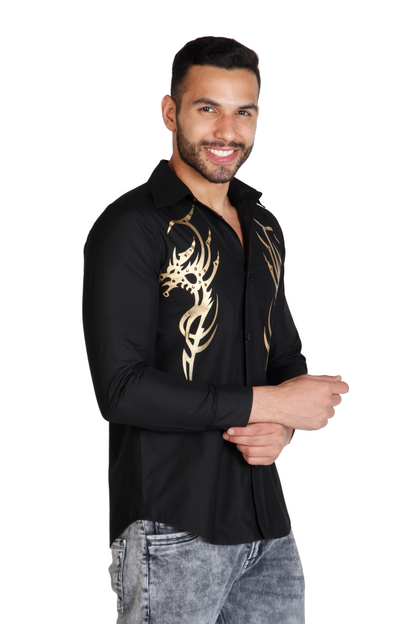 Men's printed cotton shirt by Just Billi, Black and gold cotton men's evening wear shirt