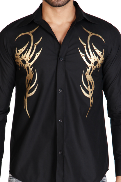 Men's printed cotton shirt by Just Billi, Black and gold cotton men's evening wear shirt