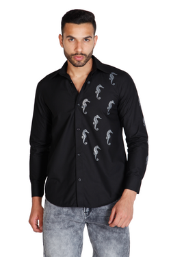 Black pure cotton printed designer men's shirt by JUST BILLI