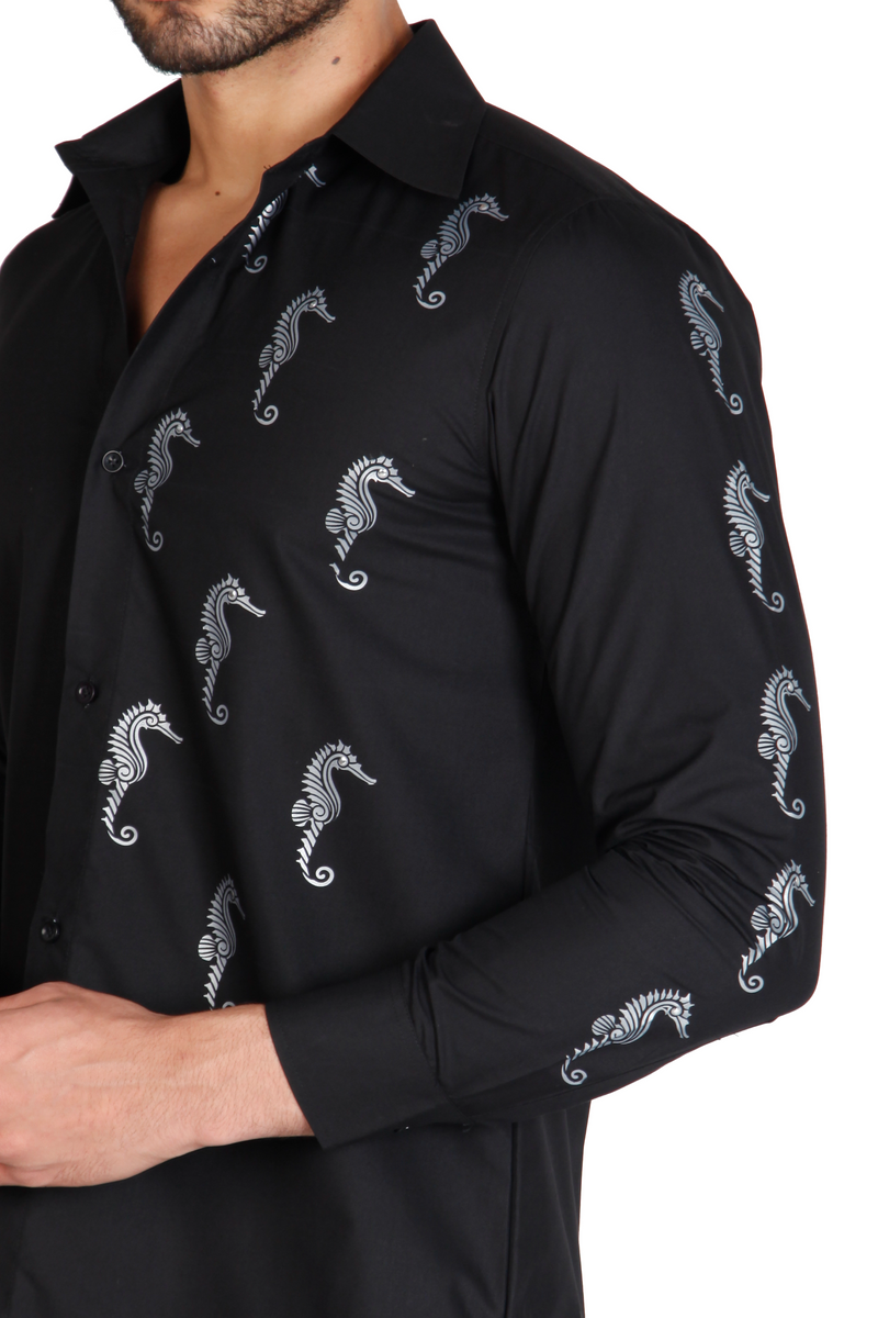 Black pure cotton printed designer men's shirt by JUST BILLI