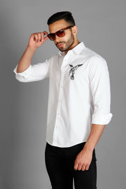 Bird Motiff white pure cotton printed men's shirt by Just Billi, Billiman