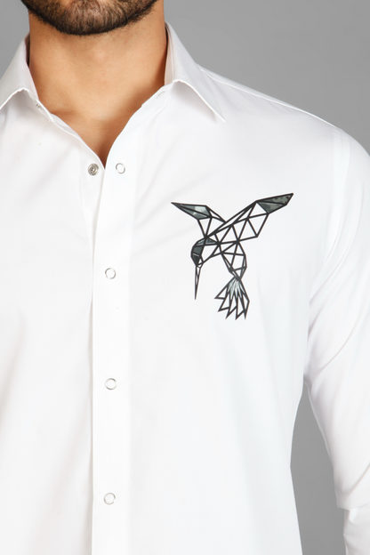 Bird Motiff white pure cotton printed men's shirt by Just Billi, Billiman