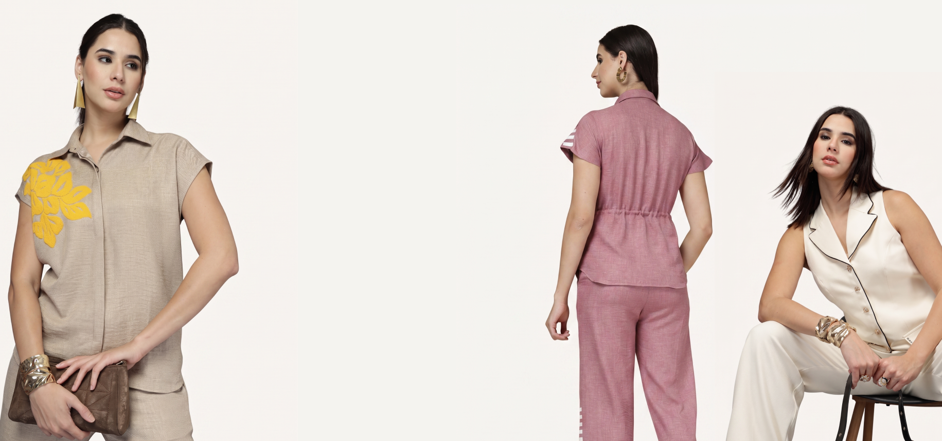 Three women modeling different outfits on a white background