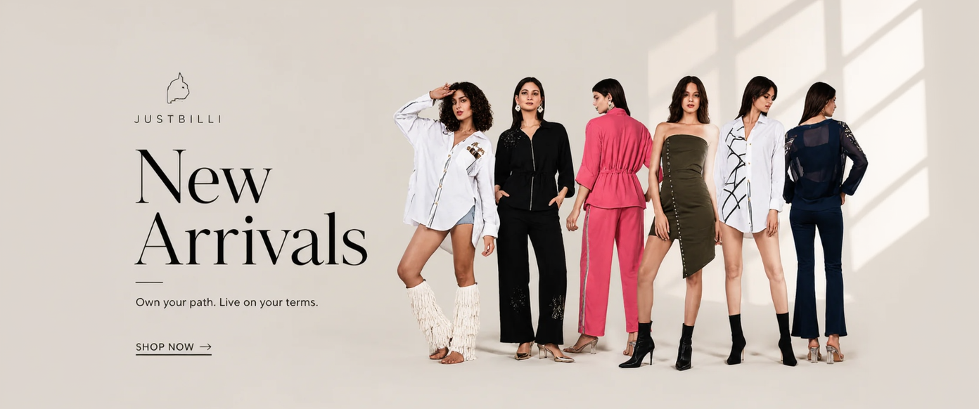 Promotional image of women in stylish outfits with 'Justbilli' branding and 'New Arrivals' text.