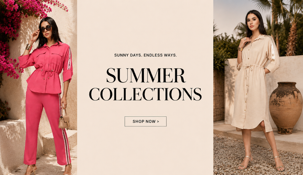 Two women in summer outfits with promotional text for 'Sunny Days. Endless Ways.' summer collections.