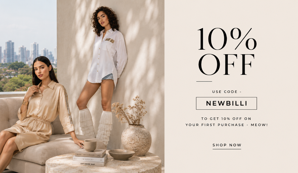 Two women in light clothing sitting on a couch with an outdoor view, promotional text for a 10% off discount.