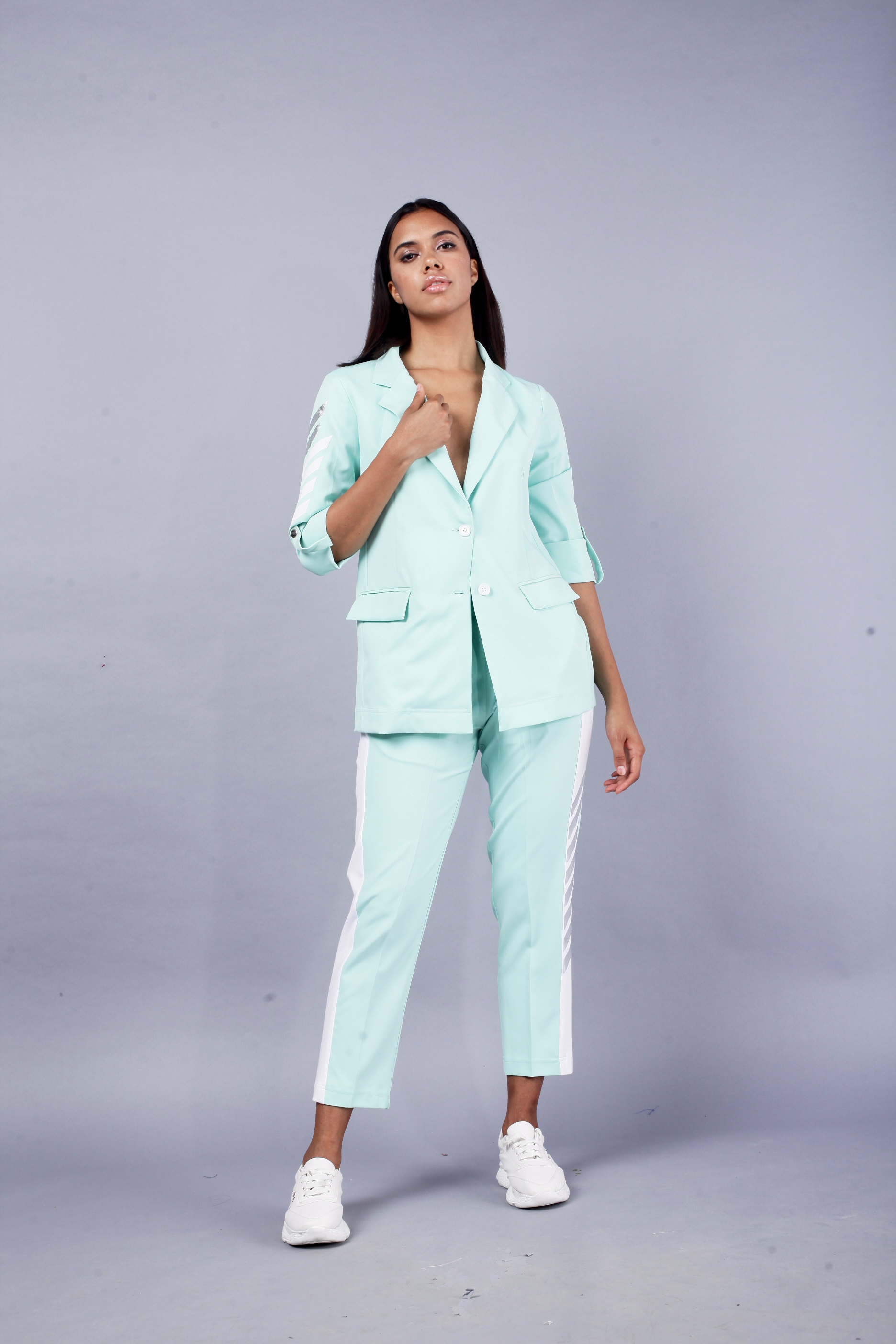 Ice blue designer women's wear pant suit by Just Billi