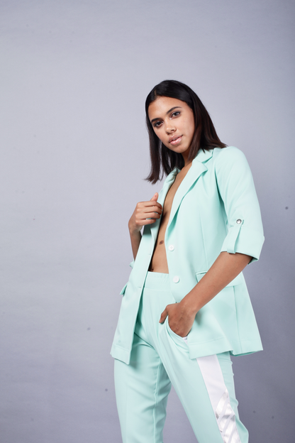 Ice blue designer women's wear pant suit by Just Billi