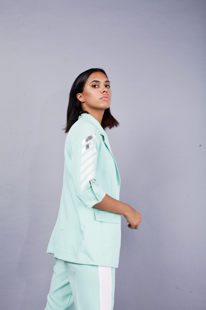 Ice blue designer women's wear pant suit by Just Billi