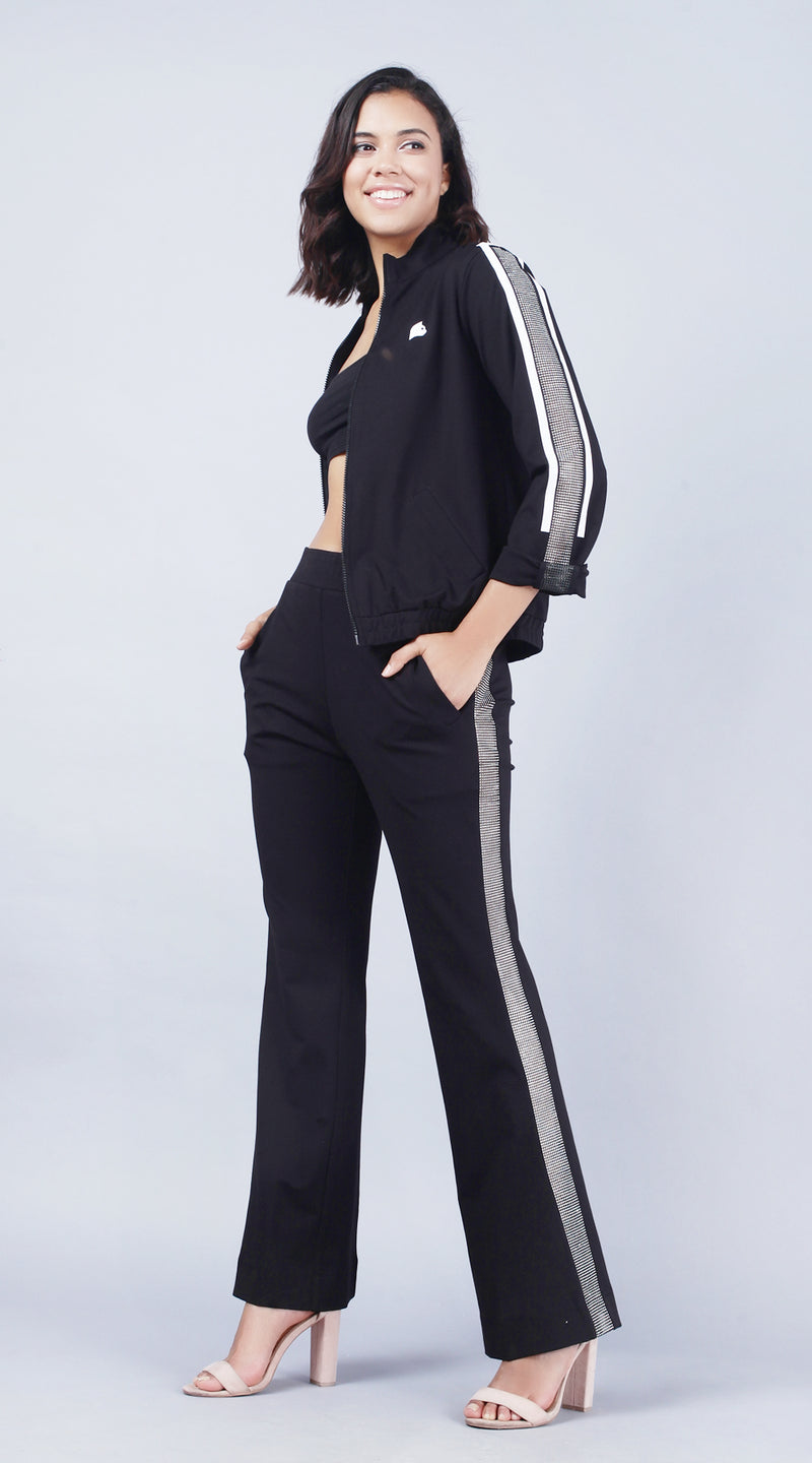 A three piece set comprising of tube top, flare pants and bomber jacket. So grab your highest heels or sneakers and get ready to show your dazzling self to the world in Just Billi