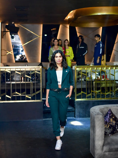 Luxury athleisure wear, green coord set perfect airport look by Just Billi