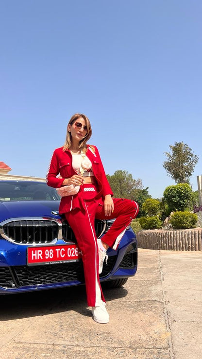 Red pant suit for sporty chic wear by Just Billi, statement athleisure wear by Just Billi