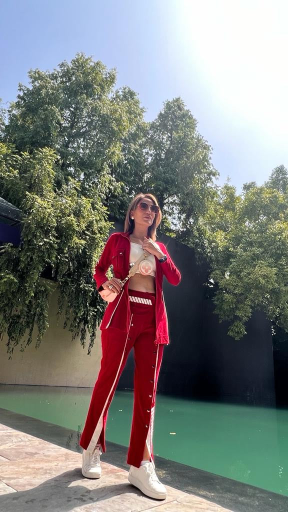 Red pant suit for sporty chic wear by Just Billi, statement athleisure wear by Just Billi